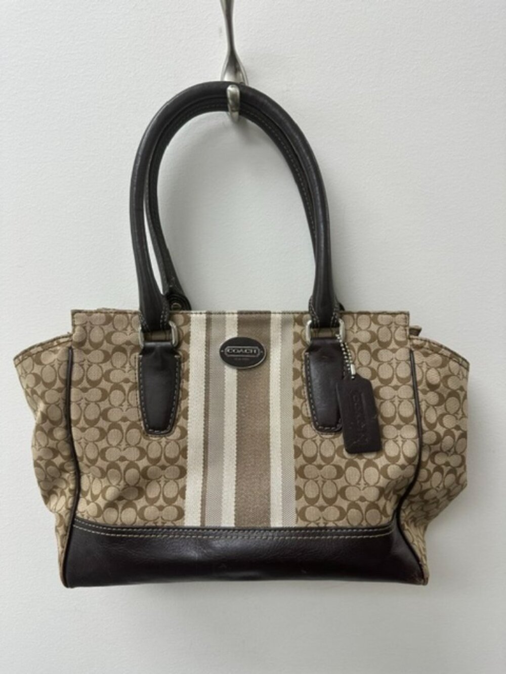 COACH 19915 Legacy Signature Stripe Candice Carryall Handbag Brown